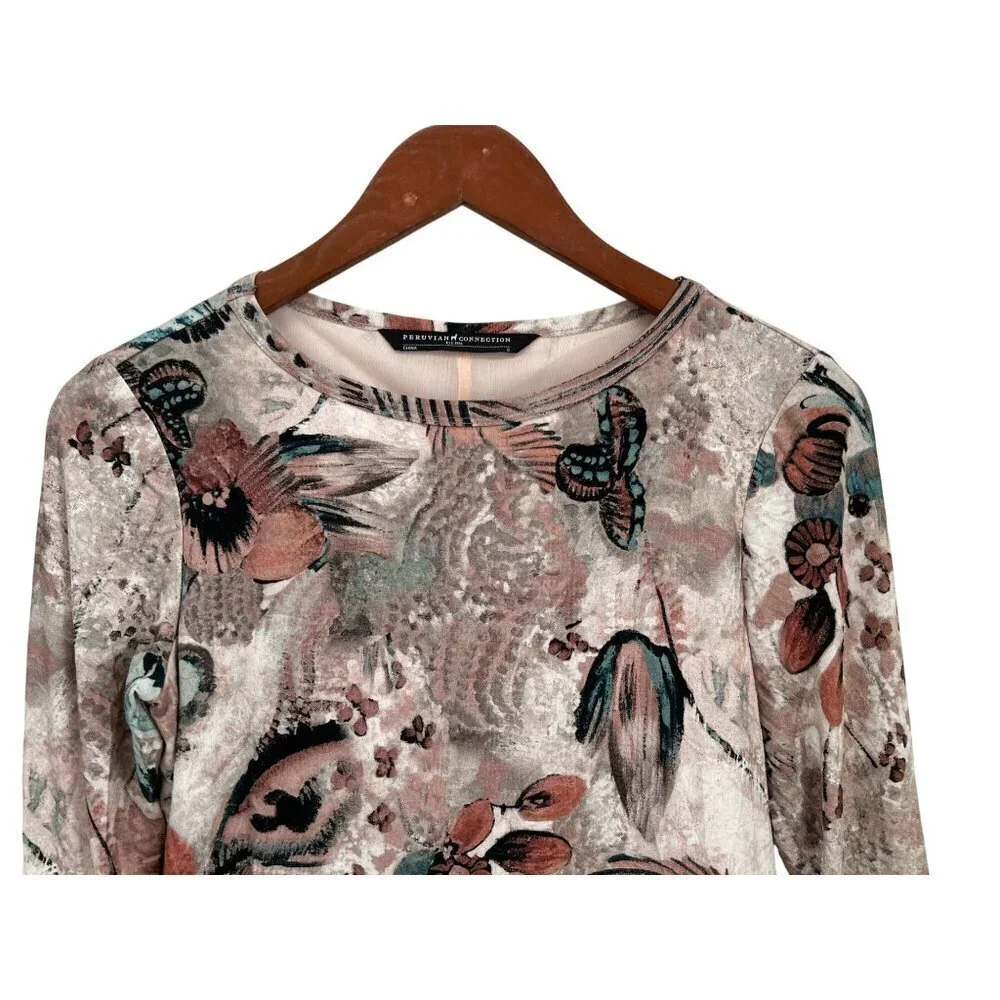 Peruvian Connection Floral Print Dress Long Sleeve Pleated Lined Bodice & 3/4 S